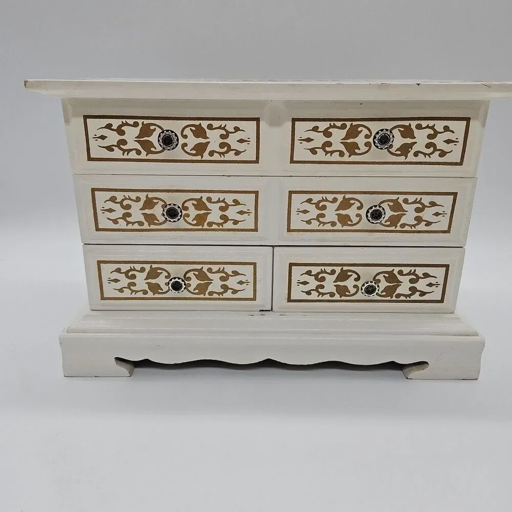 Wooden Jewelry Box White And Gold Filigree Velvet Lined